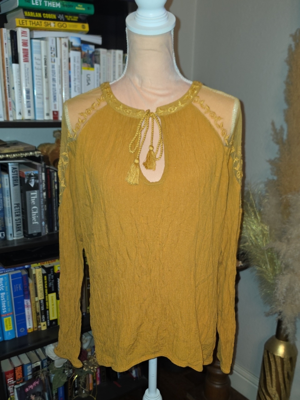 Shyanne Mustard Yellow Embroidered Mesh Tassel Tie Peasant Top Western Boho Sz L